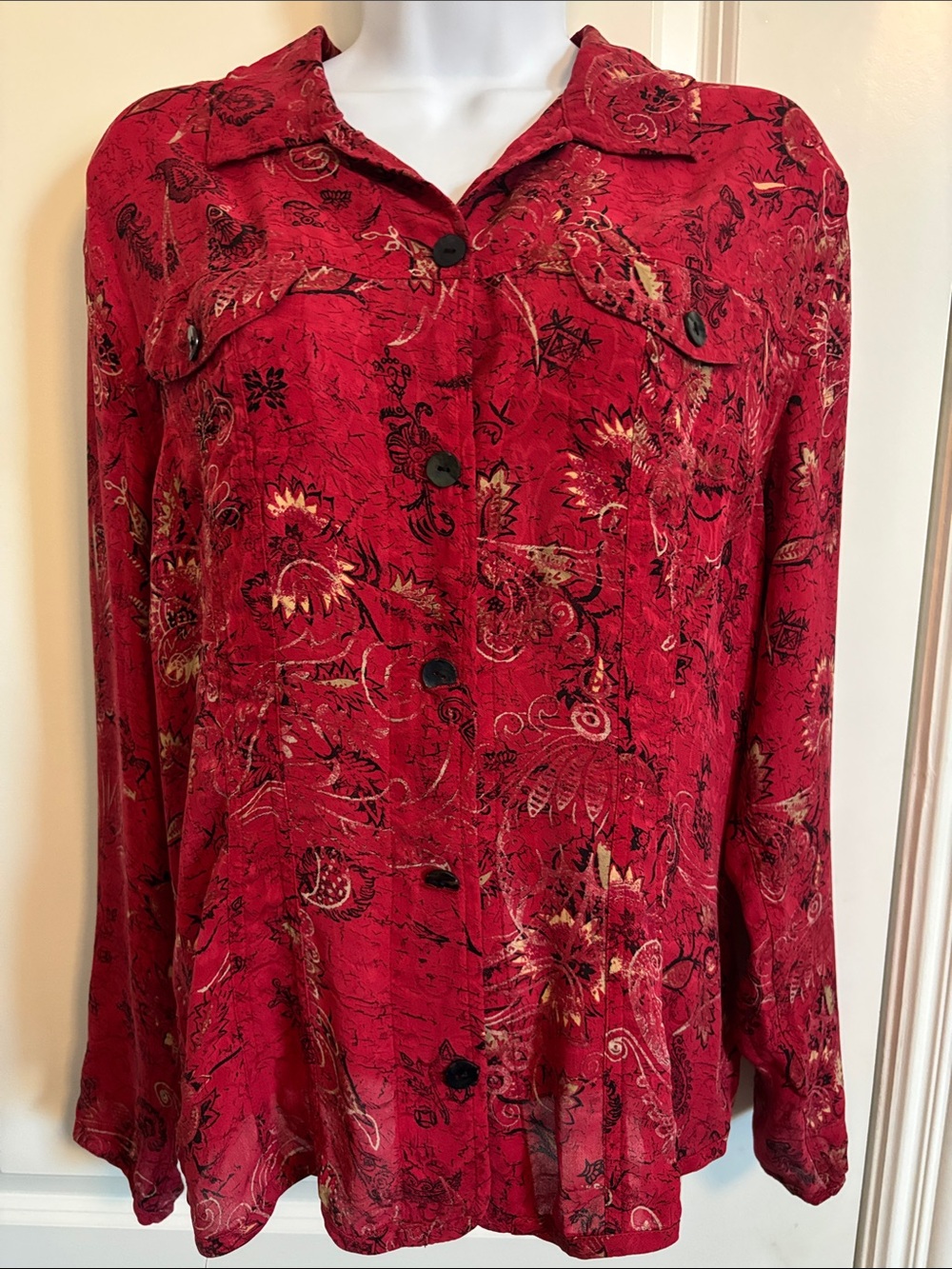 Chico’s Silk Red Floral Button-Front Women's Blouse M #78T